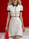ModeParisienne® Arlanna | Elegante Abito Midi Bianco con Bordo in Tweed