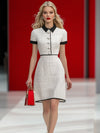 ModeParisienne® Arlanna | Elegante Abito Midi Bianco con Bordo in Tweed