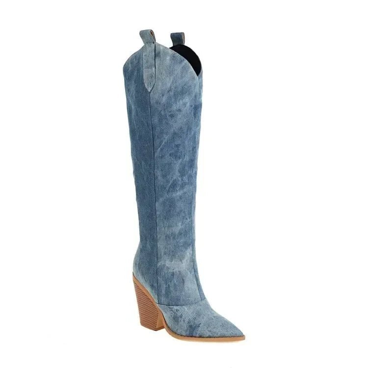 Blauwe Kunstleren Cowboy kniehoge Laarzen met Elegante Hak – Zarandi