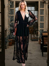 Women's Dress - Bloemen kanten cocktailjurk met lange mouwen en elegante zijsplitsing - Zwart - S - Zarandi Amsterdam