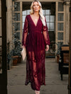 Women's Dress - Bloemen kanten cocktailjurk met lange mouwen en elegante zijsplitsing - Bordeaux - S - Zarandi Amsterdam