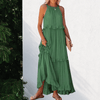 Women Trendy Outfit - Bryana | Elegante lange maxi jurk van lichtgewicht stof met halterhalslijn, ruffles en vrouwelijke pasvorm voor zomerdagen - Groen - S - Zarandi Amsterdam