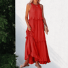 Women Trendy Outfit - Bryana | Elegante lange maxi jurk van lichtgewicht stof met halterhalslijn, ruffles en vrouwelijke pasvorm voor zomerdagen - Rood - S - Zarandi Amsterdam