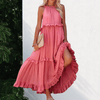 Women Trendy Outfit - Bryana | Elegante lange maxi jurk van lichtgewicht stof met halterhalslijn, ruffles en vrouwelijke pasvorm voor zomerdagen - Roze - S - Zarandi Amsterdam