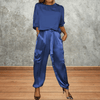 casual summer wear - Celestina | Satijnen Zomer Set met Lange Mouwen en Broek, Comfortabele Pasvorm - Blauw - S - Zarandi Amsterdam