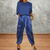 casual summer wear - Celestina | Satijnen Zomer Set met Lange Mouwen en Broek, Comfortabele Pasvorm - Blauw - S - Zarandi Amsterdam