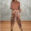 casual summer wear - Celestina | Satijnen Zomer Set met Lange Mouwen en Broek, Comfortabele Pasvorm - Bruin - S - Zarandi Amsterdam