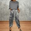 casual summer wear - Celestina | Satijnen Zomer Set met Lange Mouwen en Broek, Comfortabele Pasvorm - Grijs - S - Zarandi Amsterdam