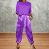 casual summer wear - Celestina | Satijnen Zomer Set met Lange Mouwen en Broek, Comfortabele Pasvorm - Paars - S - Zarandi Amsterdam