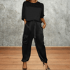 casual summer wear - Celestina | Satijnen Zomer Set met Lange Mouwen en Broek, Comfortabele Pasvorm - Zwart - S - Zarandi Amsterdam