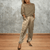 casual summer wear - Celestina | Satijnen Zomer Set met Lange Mouwen en Broek, Comfortabele Pasvorm - Beige - S - Zarandi Amsterdam