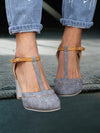 Women's Shoes - Chunky Hoge Hak T - Strap Sandalen met Verstelbare Gespsluiting - Blauw - 35 - Zarandi Amsterdam