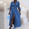 Women Trendy Outfit - Cristine | Sexy lange denim maxi jurk met split en V - hals voor dames - S - Zarandi Amsterdam