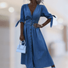 Women Trendy Outfit - Cristine | Sexy lange denim maxi jurk met split en V - hals voor dames - S - Zarandi Amsterdam