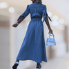 Women Trendy Outfit - Cristine | Sexy lange denim maxi jurk met split en V - hals voor dames - S - Zarandi Amsterdam