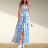 Dresses - Delphina | Zomerse Maxi Jurk – Taille Uitsnijding, Ruffle Mouwen en Elegante V - Hals - Blauw - S - Zarandi Amsterdam