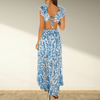 Dresses - Delphina | Zomerse Maxi Jurk – Taille Uitsnijding, Ruffle Mouwen en Elegante V - Hals - Blauw - S - Zarandi Amsterdam