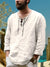 Men's shirt - Heren Linnen Longsleeve Shirt met Lace - Up V - Hals en Opgerolde Mouwen - Beige - S - Zarandi Amsterdam