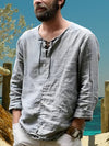 Men's shirt - Heren Linnen Longsleeve Shirt met Lace - Up V - Hals en Opgerolde Mouwen - Grijs - S - Zarandi Amsterdam