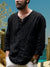 Men's shirt - Heren Linnen Longsleeve Shirt met Lace - Up V - Hals en Opgerolde Mouwen - Zwart - S - Zarandi Amsterdam
