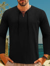 Men's shirt - Heren Linnen Longsleeve Shirt met Lace - Up V - Hals en Opgerolde Mouwen - Zwart - S - Zarandi Amsterdam
