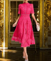 Women's Dress - Kanten midi - jurk met flatterende ronde halslijn - Roze - S - Zarandi Amsterdam