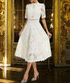 Women's Dress - Kanten midi - jurk met flatterende ronde halslijn - Wit - S - Zarandi Amsterdam
