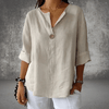 Blouses - **Liandra | Blouse met V - hals in lichte, ademende stof en korte mouwen - Beige - S - Zarandi Amsterdam