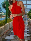 Women's Dress - Mouwloze Cross Halter Hals Cocktail Jurk met Flatterende Pasvorm - Rood - S - Zarandi Amsterdam
