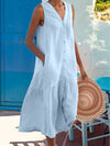 Women's Dress - Mouwloze V - hals maxi - jurk met zakken en knoopsluiting, knie - lengte - Blauw - S - Zarandi Amsterdam