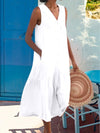 Women's Dress - Mouwloze V - hals maxi - jurk met zakken en knoopsluiting, knie - lengte - Wit - S - Zarandi Amsterdam