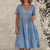 Summer Trend Outfits - Ruffa | Chique T-shirtjurk dames met V - hals van katoen en vlas, knielengte en ademend lichtgewicht design - Blauw - S - Zarandi Amsterdam