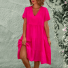Summer Trend Outfits - Ruffa | Chique T-shirtjurk dames met V - hals van katoen en vlas, knielengte en ademend lichtgewicht design - Fuchsia - S - Zarandi Amsterdam