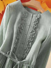 Women's Dress - Zomerlinnen met lange mouwen met knoop vooraan en verstelbare taille van trekkoord - Groente - S - Zarandi Amsterdam