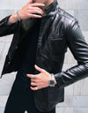 Nathan - Giacca in pelle casual slim fit con tasche e chiusura a bottoni