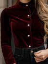 ModeParisienne® Elaida | Blusa in velluto stile retrò con scollo rotondo e bottoni a perla