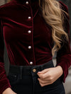ModeParisienne® Elaida | Blusa in velluto stile retrò con scollo rotondo e bottoni a perla