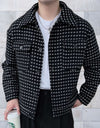 Ruben - giacca casual, alla moda nera con stampa a pois bianchi e tasche sul petto