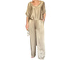 Elegante, Glanzende Tweedelige Set met Oversized V - Hals - ModeParisienne® Elswina | Elegante, Glanzende Tweedelige Set met Oversized V - Hals - Khaki - S - Zarandi Amsterdam